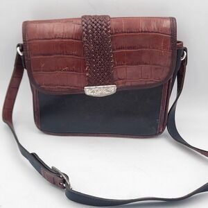 Brighton Gillian Organizer Crossbody Bag Black Brown Woven Croc Trim‎ Leather